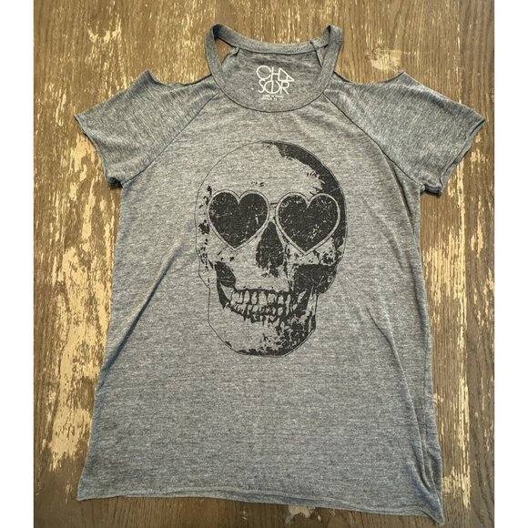 chaser Tops - Cha Sor Women Medium Skeleton Gray Black Cold Shoulder T shirt Tee Raw Hem